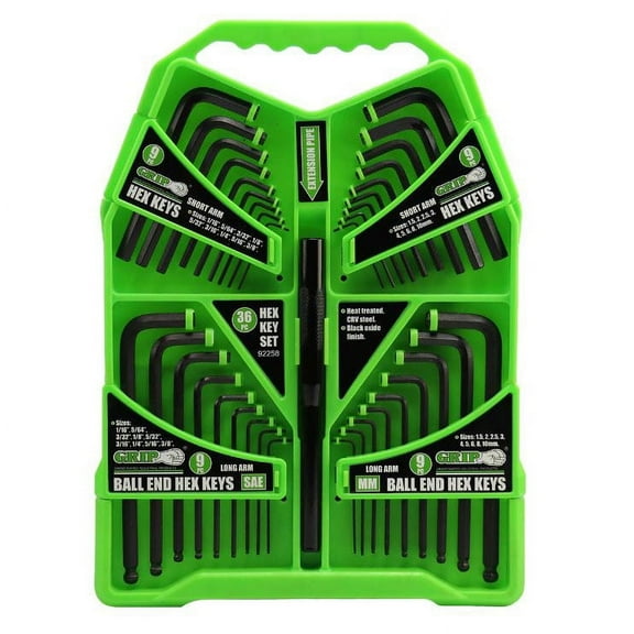 Grip Tools 92258 36 PC Hex Key Set SAE/MM with Regular and Ball Ends, Extender, and Case