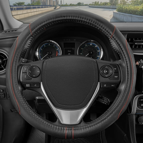 Motor Trend GripDrive Synthetic Leather Auto Car Steering Wheel Cover Black w/ Red Accent Stitching Comfort Grip - Standard 15 inch