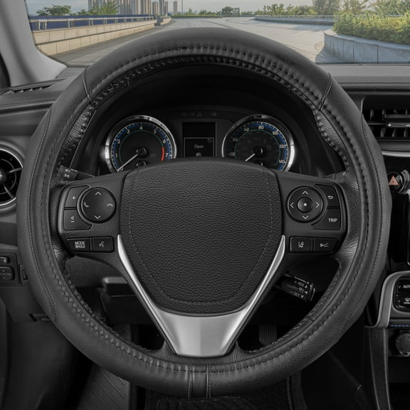Motor Trend GripDrive Faux Black Leather Steering Wheel Cover for Car Truck Van SUV, Standard 15 inch Size, Solid Black Stitched Car Steering Wheel Cover