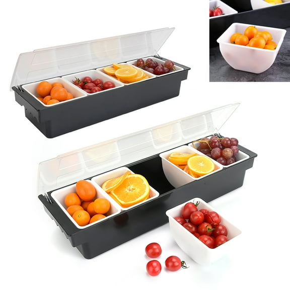 Griptix Condiment Server Tray, Bar Fruit Caddy with Lid and 5 Removable Compartments, Ice Condiment Serving Tray for Party, Toppings Bar Container, Garnish