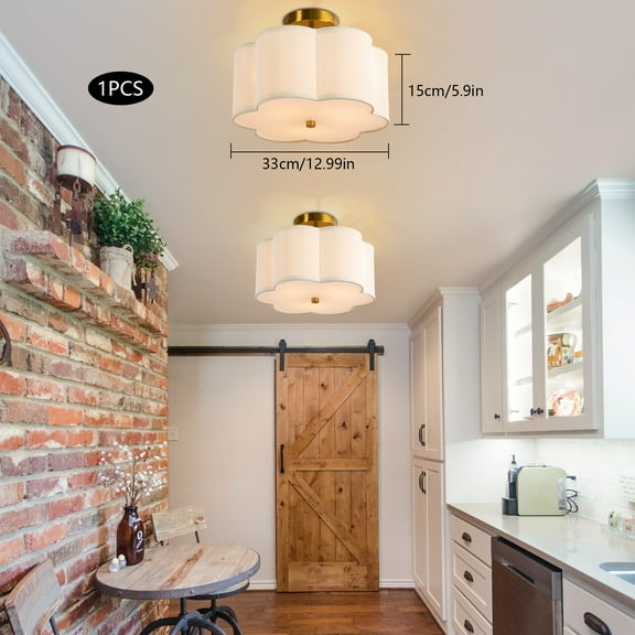 Griptix Modern Creamy White Petal Ceiling Light, Copper Electroplated Body, 3 E26 Bulbs, Soft & Warm Light, Flush Mounted for Bedrooms and Living Rooms