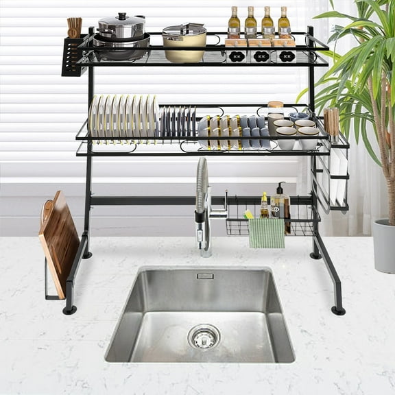Griptix Over Sink Dish Rack Dry 2 Tier Drip Dry Steel Large Dish Organizing Rack NEW
