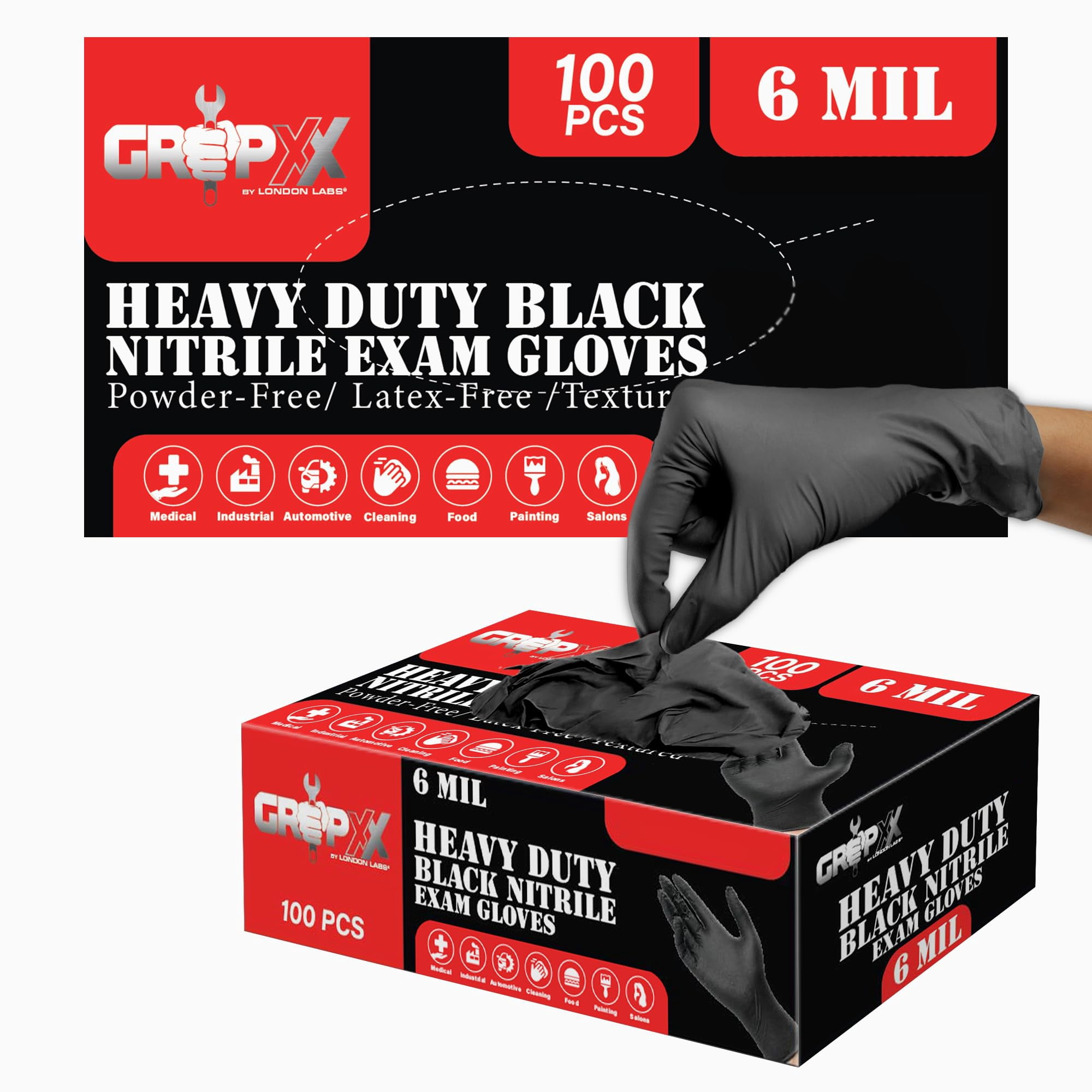 London Labs Heavy-Duty 6 Mil Disposable Nitrile Gloves, Latex-free & Powder-free gloves for Mechanic, Food Prep & Tattoo - 200ct small black gloves
