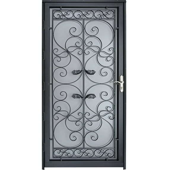 Grisham Deluxe Steel Security Door,36×80inch Iron Security Storm Door Conveys,Hand Forged Solid Steel Wrought Iron with Tempered Glass and Screen Panel(370Black,with Door Handle)