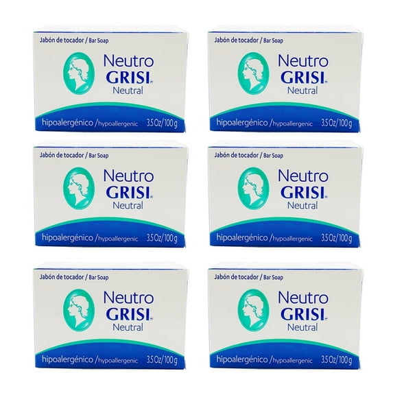 Grisi Neutro Bar Soap. Neutral Base Skin Cleanser. Mild Scent, No Harsh Chemicals. Hypoallergenic Formula. 3.5 oz / 100 G. Pack of 6