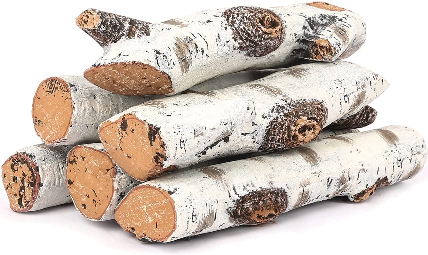 Elf Ceramic White Birch Log Set for Indoor/Outdoor Fireplaces, Fire