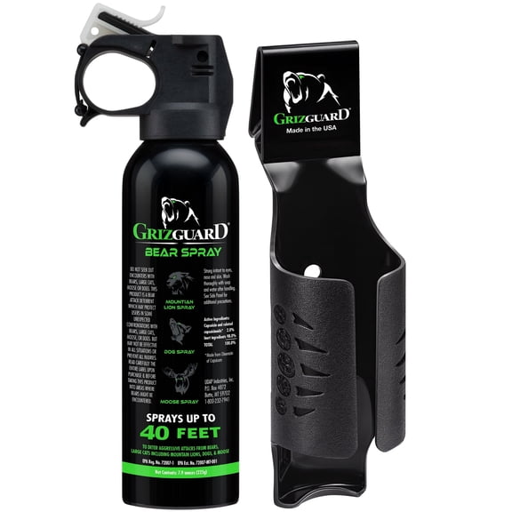 Griz Guard Bear Spray with Holster 40 ft Range, Maximum Strength, EPA-Registered Spray for Bears, Mountain Lions, Coyotes, Dogs, & Moose, Outdoor Hiking & Camping Protection, Glow Safety Clip, 7.9 oz