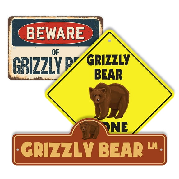 Grizzly Bear (3 Pack) Plastic Street Sign Crossing Sign Warning Sign Vintage Rustic Beware Warning Xing Animal Wildlife Forest Nature Predator Rustic Tough Outdoors Decor Camping