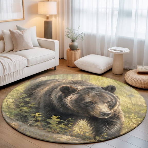 Grizzly Bear 7' Round Rugs for Living Room Conversation Area, Rustic Espresso Wildlife Green Grass Woodland Forest Washable Non Slip Large Circle Area Rug Under Dining Table