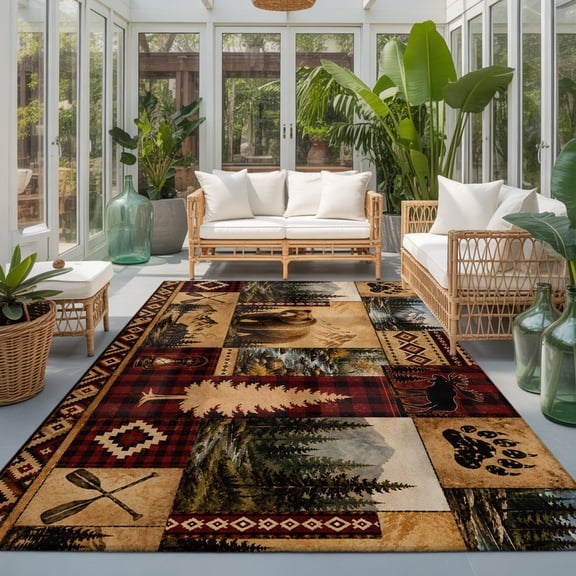 Grizzly Bear 9'x12' Large Area Rugs Country Pine Tree Southwestern Mountain Forest Green Washable Area Rugs Non-Slip Indoor Floor Mats Large Carpet for Living Room Bedroom Dining Room