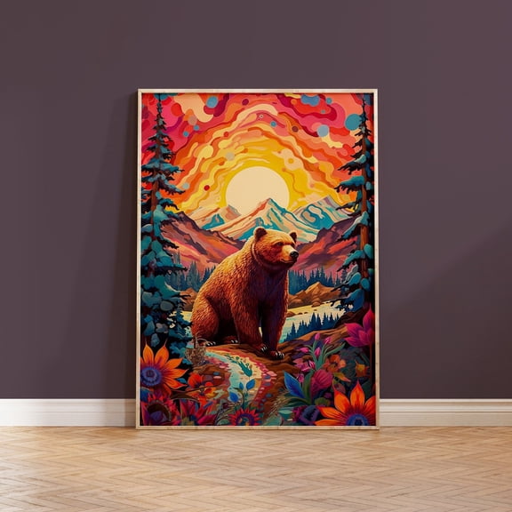 Grizzly Bear Abstract Psychedelic Sunset Boho Wall Art, Unframed Canvas 8x10in