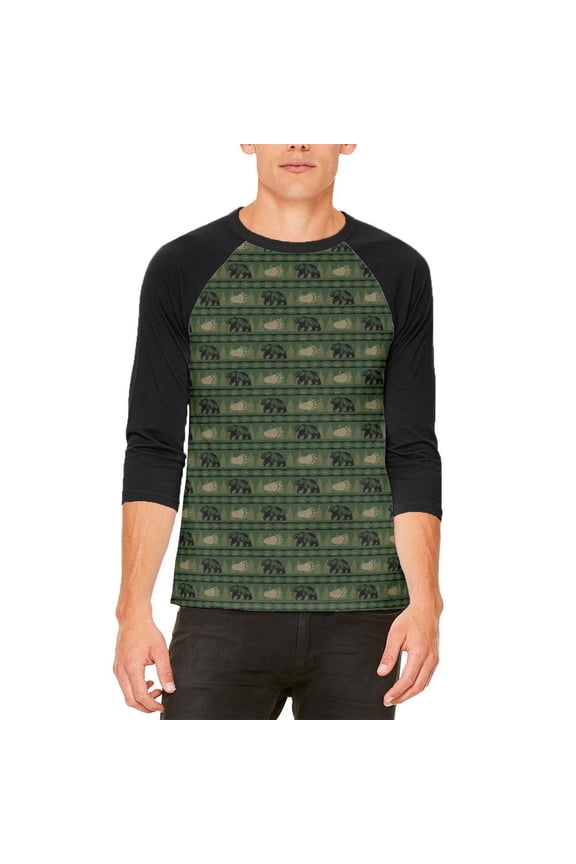 Grizzly Bear Adirondack Pattern Green Mens Raglan T Shirt White-Black X-LG