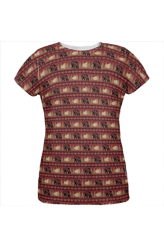 Grizzly Bear Adirondack Pattern Red All Over Womens T Shirt Multi X-LG