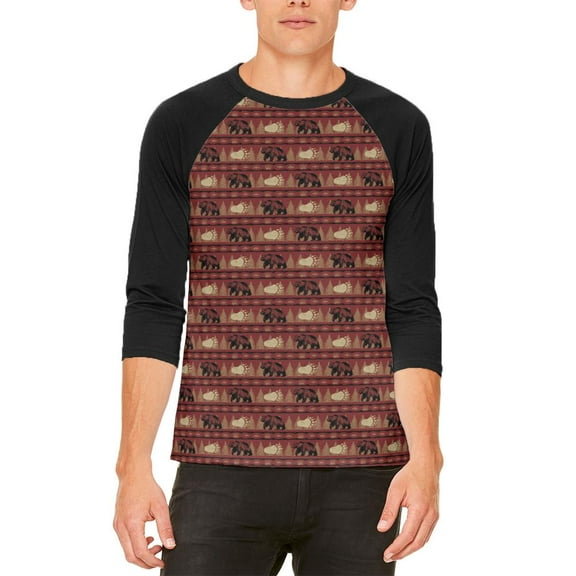 Grizzly Bear Adirondack Pattern Red Mens Raglan T Shirt White-Black X-LG
