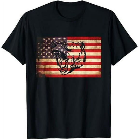 Grizzly Bear American USA Flag Funny 4th Of July Hunting T-Shirt