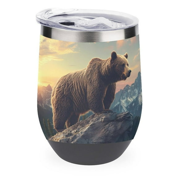 Grizzly Bear And Sunrise 12oz Wine Tumbler with lid Stainless Steel Travel Mugs Double Wall Insulated Travel Coffee Cup Wine Glasses One size