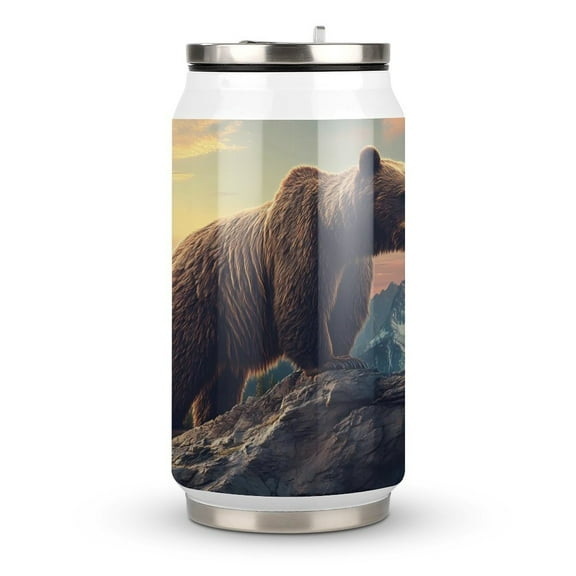 Grizzly Bear And Sunrise Coffee Tavel Tumblers with Lid and Straw Stainless Steel Vacuum Insulated Mug Wine Glasses Tea Cup for Hot and Cold 300ml