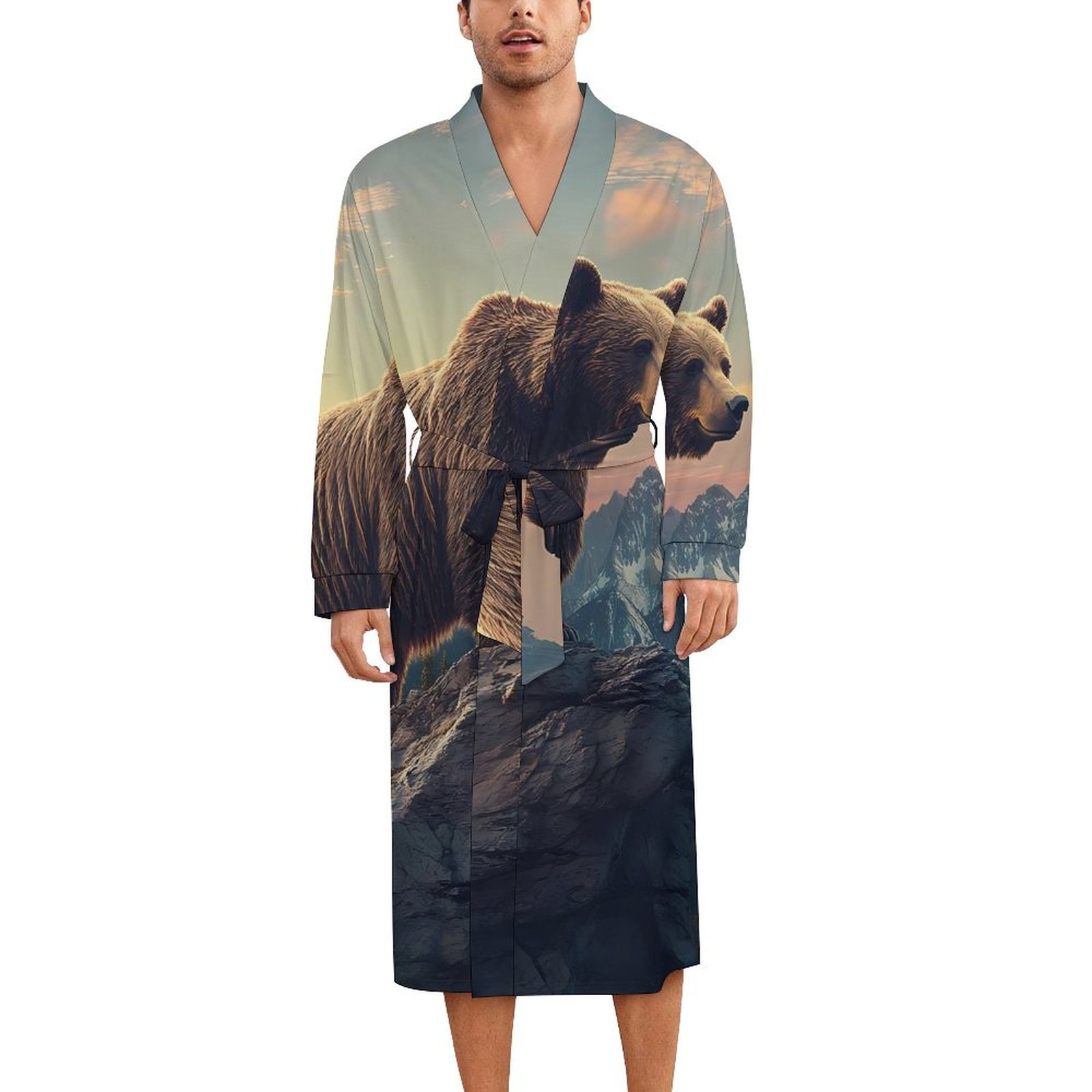 Grizzly Bear And Sunrise Men's Kimono Robe Milk Silk Classic Long ...