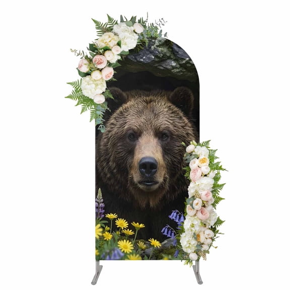 Grizzly Bear Arch Backdrop Cover 4FT, Farm Animal Cave Opening Wilderness Rustic Spandex Fitted Stretchy Arch Stand Covers, Round Top Chiara Backdrop Cover for Wedding Party Birthday Baby Shower