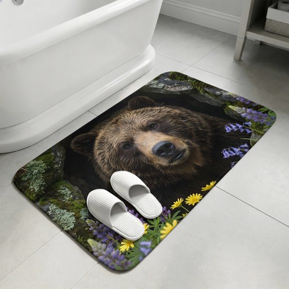 Grizzly Bear Bathroom Rugs Non Slip Washable Bath Mat Absorbent Front Door Mat Farm Animal Cave Opening Wilderness Rustic Indoor Doormat for Kitchen Entryway Shower Decor Accessories 15.7"x23.6"