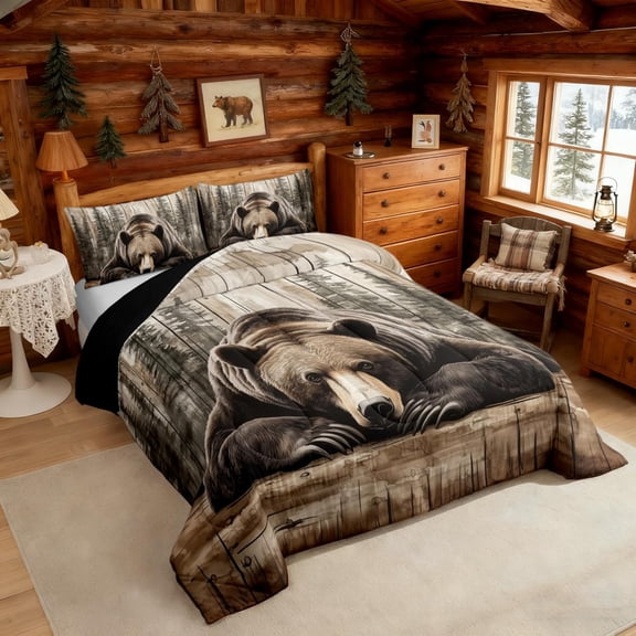 Grizzly Bear Bedding Set Full Size Rustic Farmhouse Cabin Comforter with 2 Pillowcases Vintage Forest Wildlife Decor