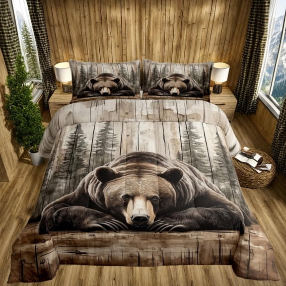 Grizzly Bear Bedding Set Queen Hunting Wild Animal Comforter Set Rustic Farmhouse Cabin Bedding Comforter Sets Western Country Quilt Bed Set Vintage Forest Wildlife Decor,2 Pillowcases
