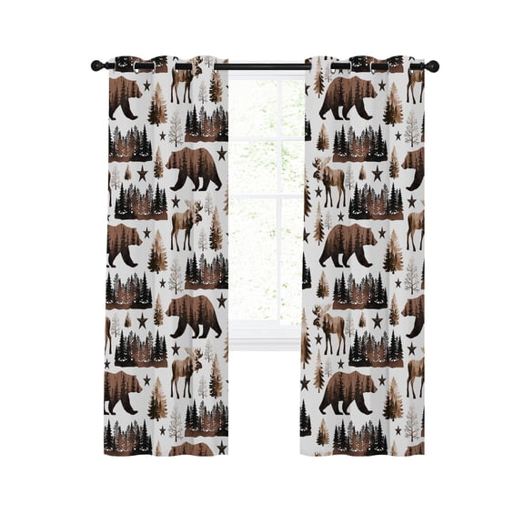Grizzly Bear Blackout Curtains for Bedroom Living Room, Country Rustic Forest Brown Animals Pine Trees Star 96 In Long Thermal Insulated Room Darkening Drapes Grommet Window Treatments, 52 x 96 In