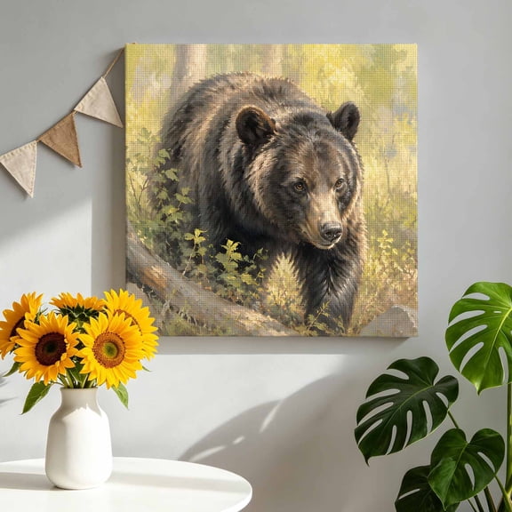 Grizzly Bear Canvas Wall Art Framed Wall Decor for Living Room Bedroom Bathroom, Rustic Espresso Wildlife Green Grass Woodland Forest Canvas Pictures Ready to Hang Decor, 8"x8"