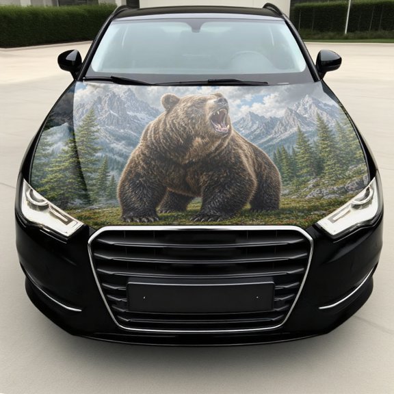 Grizzly Bear Car Hood Vinyl Decal Wrap Sticker - Red Splash Forest Angry Design, Universal Fit Truck Auto Hood Decal, Wild Animal Graphic Accessory Engine Sticker (59 * 39 inches)