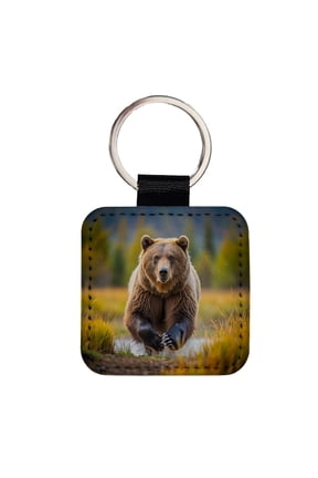 Grizzly Bear Chasing You Faux Leather Square Keychain