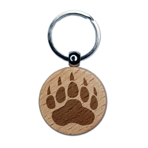Grizzly Bear Claw Paw Round Keychain Charm Tag - Engraved Wood