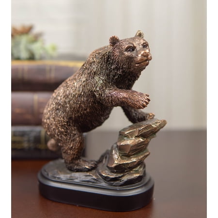 Grizzly Bear Climbing On River Rock Statue 6.25"Tall Bronze Electroplated Resin