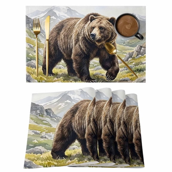 Grizzly Bear Cotton Linen Placemats Set of 2, Brown Wildlife Animal Rocks Snowcap Farmhouse Washable Table Place Mats Heat Insulating Placemat for Dining Room Kitchen Daily Use 13 x 19 Inch
