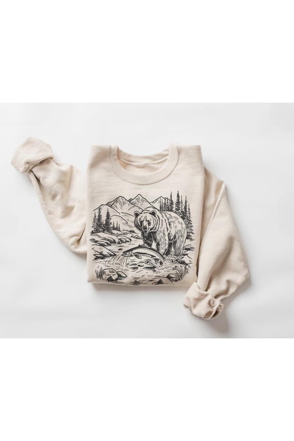 Grizzly Bear Fishing Scene Sweatshirt, Retro Animal Sweater, Outdoor Nature Lover, Unisex Pullover550 Sweatshirt All Size S-5XL