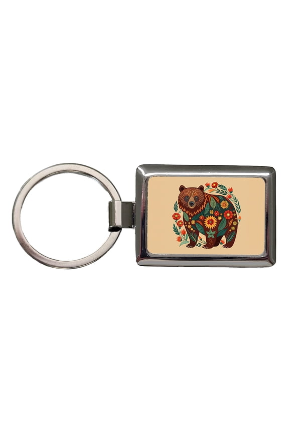 Grizzly Bear Floral Motif Metal Rectangle Keychain