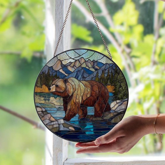 Grizzly Bear Glass Window Suncatcher, Wildlife Art, Rustic Cabin, 7.9 in