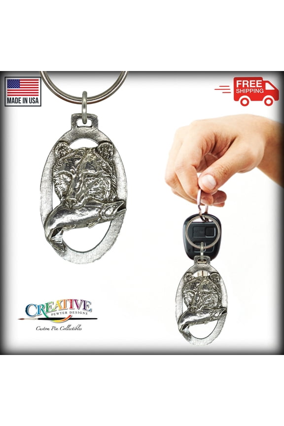 Grizzly Bear Head with Salmon Keychain, Outdoors, Mammals, Brown Bear, M037KC, Key Fob, Key Ring, Keys, Zipper Pull, Luggage Tag, Pewter, Backpack, Over 300 Keychains Designs, Handmade in the USA