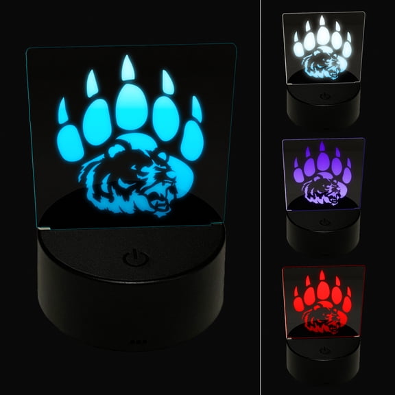 Grizzly Bear Head in Claw Paw LED Night Light Sign 3D Illusion Desk Nightstand Lamp