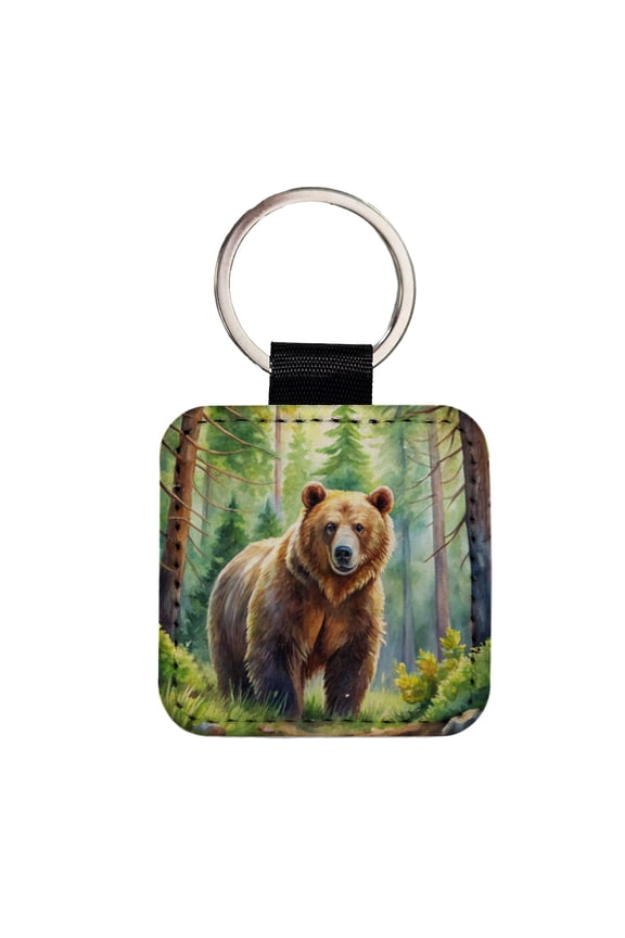 Grizzly Bear In Forest Watercolor Faux Leather Square Keychain