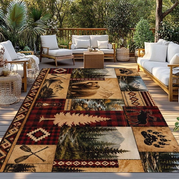 Grizzly Bear Indoor Outdoor Rugs 4x6 Ft, Country Pine Tree Southwestern Mountain Forest Green Outdoor Patio Rugs Mat Washable Outside Area Rugs Carpet for Porch Deck RV Camping Pool Balcony Backyard