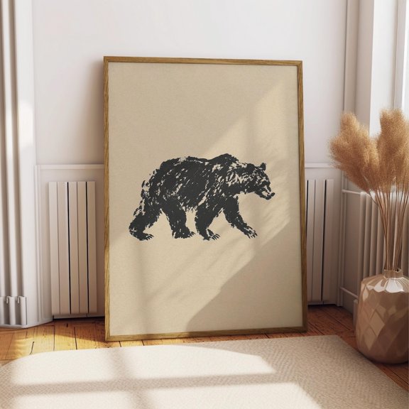 Grizzly Bear Ink Drawing Print Black and White Wildlife Rustic Cabin Decor, Stretched Canvas 8x10in