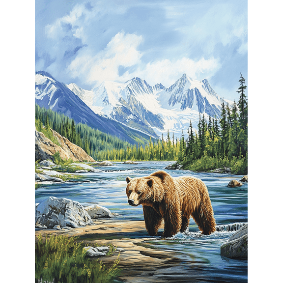Grizzly Bear Mountain River Canvas Wall Art PrintSuitable for Living RoomOfficeBathroomDining Room Decoration.
