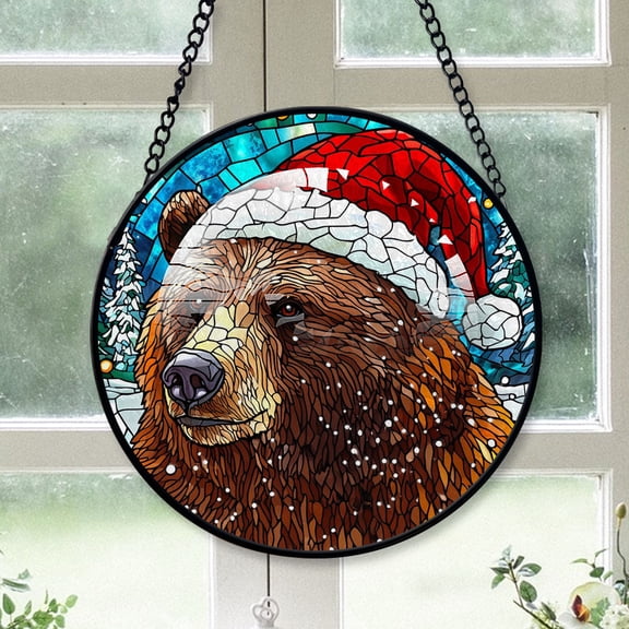 Grizzly Bear Ornament Christmas 2025, Grizzly Bear Stained Glass Window Hanging Colorful Sun Catcher for Door and Home Decor, Unique Wildlife Art Gift