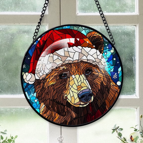 Grizzly Bear Ornament Christmas 2025, Grizzly Bear Stained Glass Window Sun Catcher Decorative Hanging Ornament for Door or Living Room