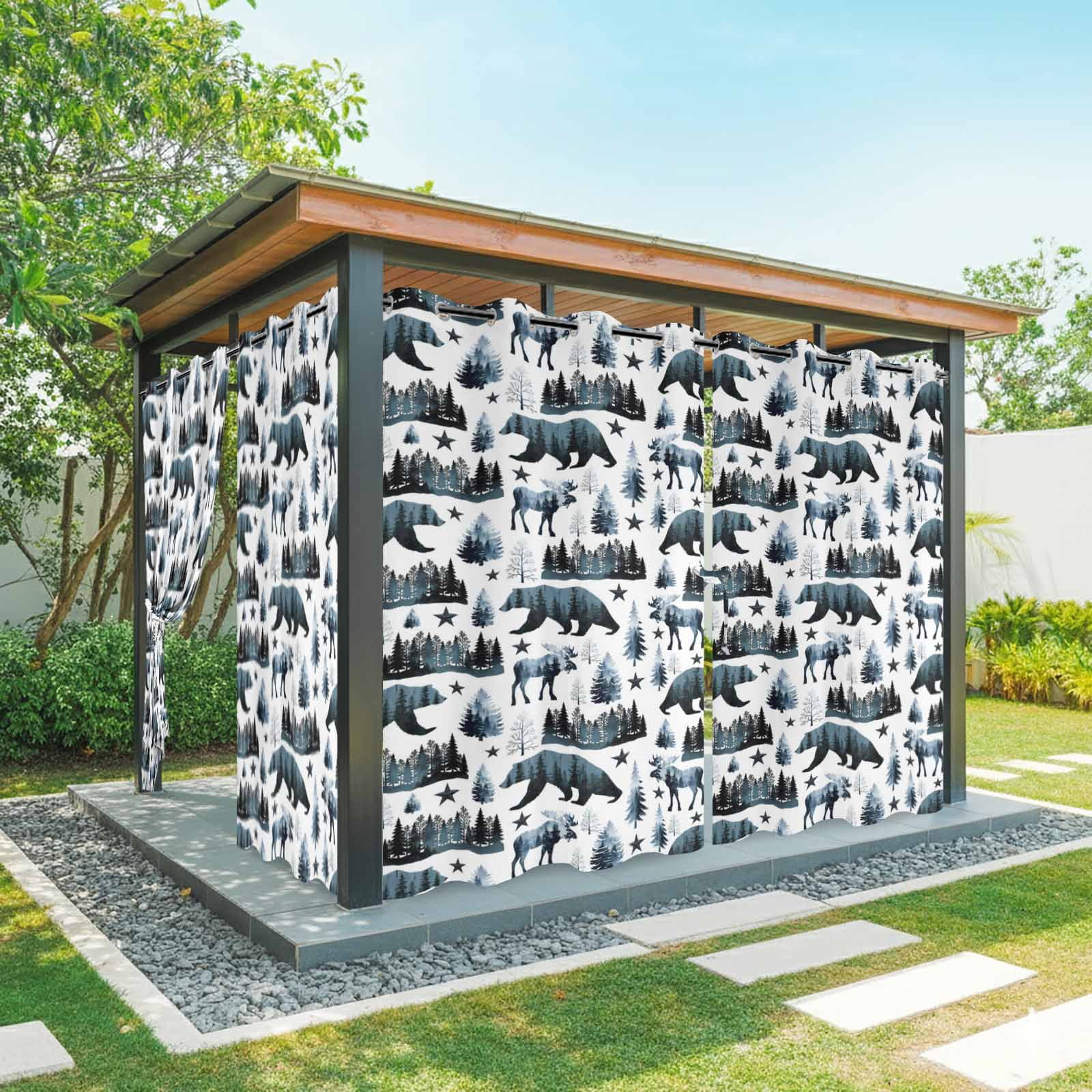 Grizzly Bear Outdoor Curtains for Patio, Country Forest Dark Green Beige Animals Pine Trees Star Sunshade Privacy Drapes Grommet Waterproof Outside Curtains for Porch/Cabana/Balcony 54"x108", 1 Panel