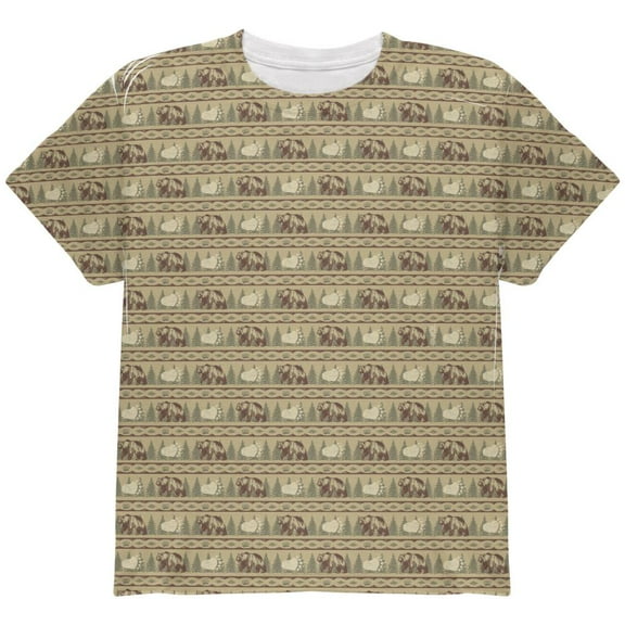 Grizzly Bear Pattern Tan All Over Youth T Shirt Multi YXL