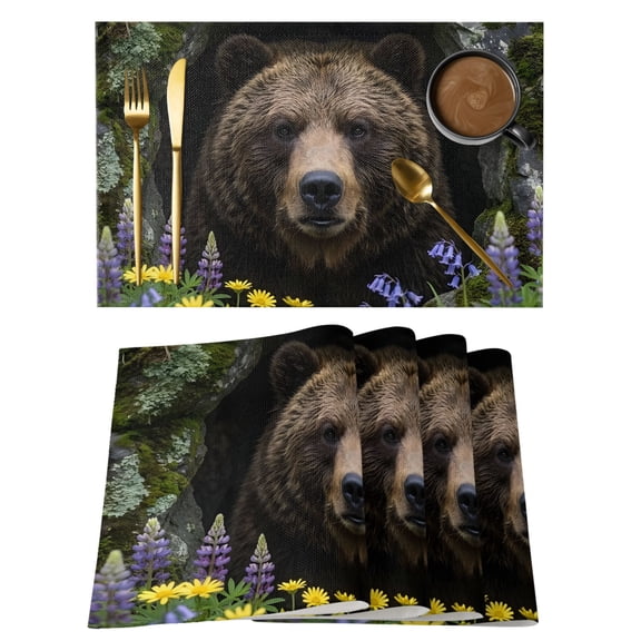 Grizzly Bear Placemats Set of 4 Farm Animal Cave Opening Wilderness Rustic Place Mats Indoor Wipeable Table Mats Washable Cloth Dining Table Placemats for Kitchen Holiday Party Home Decor 13x19 Inch