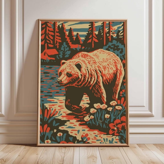 Grizzly Bear Poster Retro Wilderness Animal Print Forest Wildlife Wall Art Nature Lover Gift Rustic Cabin Lodge Home Decor