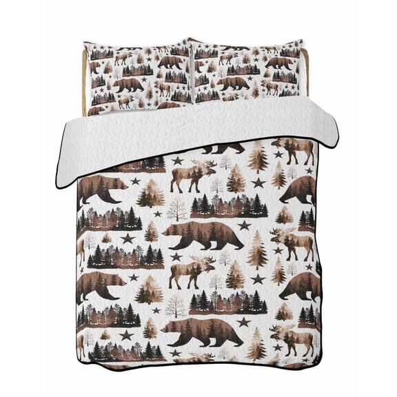 Grizzly Bear Quilts Bedding Set California King Country Rustic Forest Brown Animals Pine Trees Star Lightweight Quilted Bedspread 3 Piece Bed Quilt with 2 Pillow Shams for Bedroom 96" x 106"
