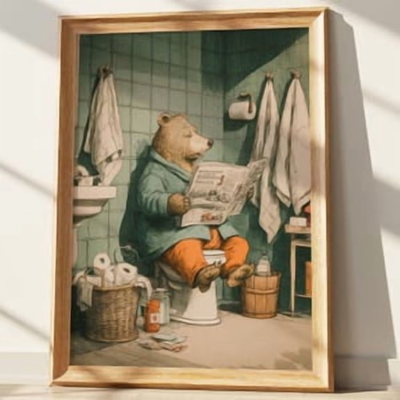 Grizzly Bear Reading Newspaper Poster, Poster Home Decor , Poster Print Only